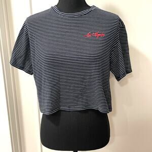 Dirtee Laundry crop tee LARGE blue and white stripes S/L Los Angeles embroider